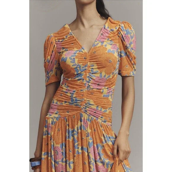 Farm Rio Anthropologie Midi Dress Ruched Orange Floral V Neck Preppy Small NWT